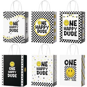 Yeaqee 24 Pcs One Happy Dude Party Favor Bag with Handle 1st Birthday Party Decor Paper Smile Face Gift Bag One Happy Dude Goodie Treat Candy Pouch for Two Cool Birthday Decor Supplies(Handles Style)