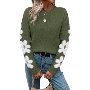 SHENHE Women's Floral Pattern Crewneck Long Sleeve Drop Shoulder Sweaters Pullover Tops