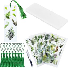 Clear Blank Bookmarks Set, 15 Pcs Clear Craft Bookmarks for Leaves Stickers, Bookmark Making Kit with 6 Sheets Green Leaf Stickers, 15 Pcs Green Tassels, Bookmarks for Transparent Leaf Stickers