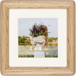 Square 6x6 Picture Frame Horizontal Vertical Display Photos 4x4 with Mat or 6x6 without Mat Made of Solid Natural Walnut Wood with Real Glass Table Desktop Standing Wall Mounting Gallery Frames