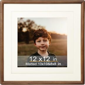 Square 6x6 Picture Frame Horizontal Vertical Display Photos 4x4 with Mat or 6x6 without Mat Made of Solid Natural Walnut Wood with Real Glass Table Desktop Standing Wall Mounting Gallery Frames