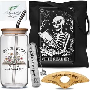 6Pcs Book Lovers Gifts Box Set for Readers Women Includes 16OzGlass Cup, Bookmark, Tote Bag, Book Page Holder, Book Ornament, Card Librarian Bookish Gifts for Book Lovers, Book Club Gift for Christmas