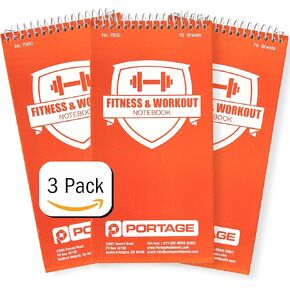 Portage Fitness & Workout Notebook - Fitness Journal, Workout Log, Exercise & Weight Training Notebook Planner, Fitness Tracker Log for Bodybuilding – 4 x 8 Inches, 140 Pages, 70 Sheets (Pack of 3)