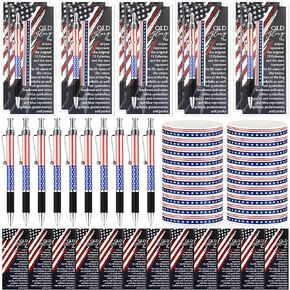 120Pcs Veterans Day Souvenirs Gifts Bulk 40 American Flag Ballpoint Pens 40 Silicone Wristband and 40 USA Patriotic Bookmarks Patriot Day Gift Bulk for Veteran Party Decoration Church Favors