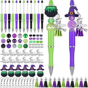 Jutom 12 Pcs Halloween Beadable Pens with 50 Pcs Colorful Beads 12 Tassels 12 Pendants Assorted Witch Focal Bead DIY Making Pens Kit for Office School Kids Students Christmas Holiday Gift Bulk