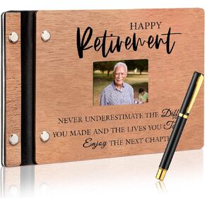 Wood Retirement Guest Book with Signature Pen Retirement Party Decorations Supplies Gifts for Women Men Office Colleague Advice and Wishes(Happy Retirement)
