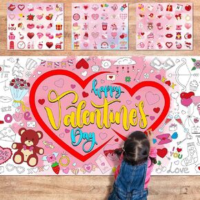 Valentines Day Crafts, Valentines Day Games with Stickers Coloring Poster, as Valentines Day Party Table Cloth Decorations, for Kid Classroom Activities, Valentines Day Gifts for Wall Decor