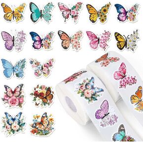 Whaline 1000Pcs Butterfly Flower Stickers Roll Spring Floral Colorful Paper Decals 16 Designs Watercolor Self-Adhesive Decorative Stickers for Envelope Scrapbook Daily Party Supplies