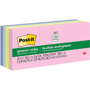 Post-it Greener Notes, 1 .5x2 in, 12 Pads, America's #1 Favorite Sticky Notes, Sweet Sprinkles, Pastel Colors (Pink, Blue, Mint, Yellow), Clean Removal, 100% Recycled Material (653-RP-A)