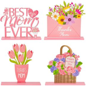 Mother's Day Tabletop Centerpiece Sign - Haooryx 4Pcs Happy Mother's Day Table Topper Centerpiece Sign Best Mom Ever Detachable Indoor Decoration for Mother's Day Birthday Party Home Decor Supplies