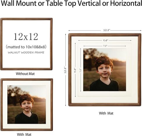 Square 6x6 Picture Frame Horizontal Vertical Display Photos 4x4 with Mat or 6x6 without Mat Made of Solid Natural Walnut Wood with Real Glass Table Desktop Standing Wall Mounting Gallery Frames in Kuwait