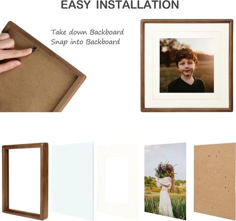 Square 6x6 Picture Frame Horizontal Vertical Display Photos 4x4 with Mat or 6x6 without Mat Made of Solid Natural Walnut Wood with Real Glass Table Desktop Standing Wall Mounting Gallery Frames in Kuwait