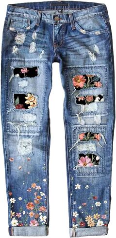 Astylish Womens Plaid Patch Ripped Boyfriend Distressed Stretch Skinny Denim Jeans with Hole in Kuwait