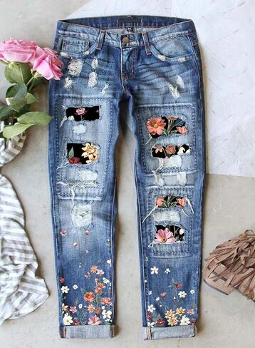 Astylish Womens Plaid Patch Ripped Boyfriend Distressed Stretch Skinny Denim Jeans with Hole in Kuwait