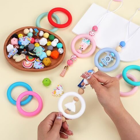 WEWAYSMILE 32 Piece Silicone Beadable Ring 65mm Round Silicone Beads Ring Bulk Focal Beads Water Transfer Silicone Beads for DIY Make Handicrafts Keychains Necklaces Lanyards(Classic Color Mix 1) in Kuwait