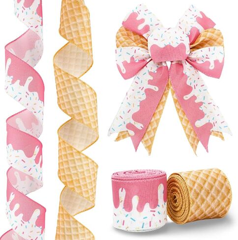 Ice Cream Cone Wired Edge Ribbon Pink Sprinkles Craft Fabric Ribbon for Summer Wreath Bow DIY Wrapping Party Decor, 2 Rolls, 20 Yard in Saudi Arabia