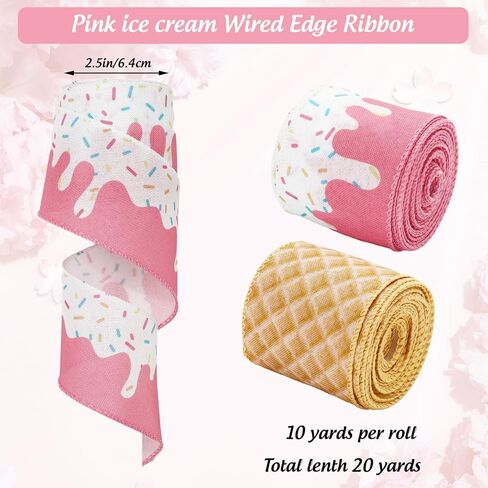 Ice Cream Cone Wired Edge Ribbon Pink Sprinkles Craft Fabric Ribbon for Summer Wreath Bow DIY Wrapping Party Decor, 2 Rolls, 20 Yard in Saudi Arabia