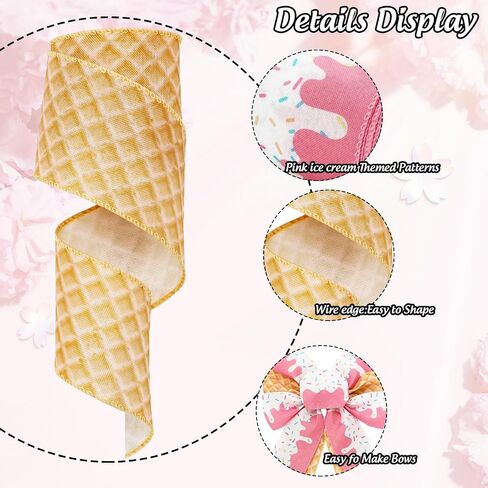 Ice Cream Cone Wired Edge Ribbon Pink Sprinkles Craft Fabric Ribbon for Summer Wreath Bow DIY Wrapping Party Decor, 2 Rolls, 20 Yard in Saudi Arabia
