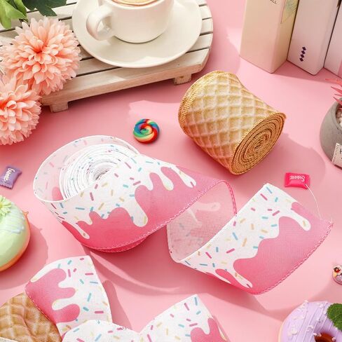 Ice Cream Cone Wired Edge Ribbon Pink Sprinkles Craft Fabric Ribbon for Summer Wreath Bow DIY Wrapping Party Decor, 2 Rolls, 20 Yard in Saudi Arabia