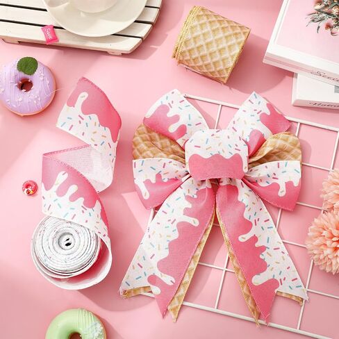 Ice Cream Cone Wired Edge Ribbon Pink Sprinkles Craft Fabric Ribbon for Summer Wreath Bow DIY Wrapping Party Decor, 2 Rolls, 20 Yard in Saudi Arabia