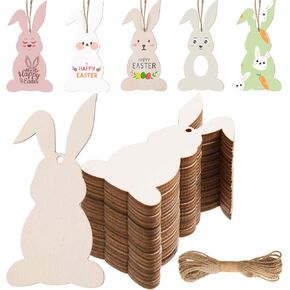 AWIZOM 72 Pcs Easter Bunny Wood Cutouts Unfinished Wooden Bunny Ornaments Wooden Rabbit Cutouts Blank Wood Spring Bunny Slices with Twine for DIY Crafts Tags Spring Easter Hanging Decor,3.94x1.97