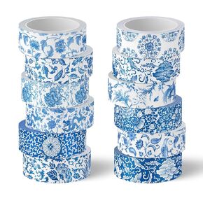 Whaline 12 Rolls Blue Floral Washi Tape Chinoiserie Flower Washi Tape Vintage Masking Decorative Gift Wrapping Paper Tape for DIY Craft Scrapbook Envelope Party Favor Supplies