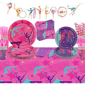 Gymnastics Birthday Party Decorations - Gymnastics Theme Party Supplies for Your Little Dance Gymnasts with Gymnastics Pattern Banner, Tablecloth, Plates, Napkins, Tableware, Serves 20