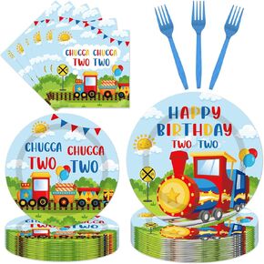 96 Pcs Chugga Chugga Two Two Party Supplies, 2nd Birthday Party Decorations for Boys and Girls, Train Plates and Napkins Tableware Set, Transportation Disposable Dinnerware Serve 24 Guests