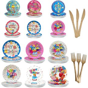 72PCS Happy Birthday Decorations, Happy Birthday Plates, Birthday Party Supplies, 7/9 InchTableware Set Included Knives Forks for Party Favors - 24 Guests