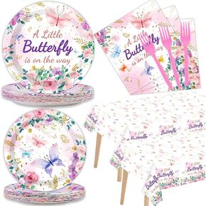 Butterfly Baby Shower Party Plates Napkins Tablecloth Supplies for 24 Guests,A Little Butterfly is On The Way Baby Girl Party Disposable Tableware Tablecover Set for Princess Baby Shower, Total 98 Pcs