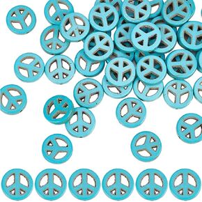 SUNNYCLUE 1 Box 100Pcs Peace Sign Beads Bulk Colorful Synthetic Turquoise Bead Charms Flat Round Carved Hollow Elastic Thread for DIY Bracelets Crafts Jewelry Making Supplies, Mixed Colors