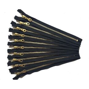 YKK Gold Metal Zippers in Black with Donut Pulls 14 Inch Number 5 Set of 12 Pieces by Craftbot