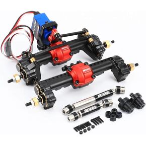 Front Rear Portal Axle Set with Axle Shaft Conversion for TRX4M Upgrades, Alum Housing Brass Portal Cover Steering Hub Front Rear Center Driveshaft 2.6kg 25T Servo for Traxxas 1/18 TRX4M Upgrade Parts