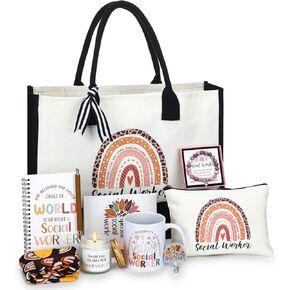 Aliceset 10 Pcs Social Worker Appreciation Gifts Set Include Coffee Mug Candle Canvas Tote Bag Cosmetic Bag Bracelet Badge Holder Socks Notebook Ballpoint Pen Gift Card for BSW MSW DSW Volunteer Gift