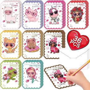 Cute Valentines Cards for Kids Classroom - 36 Pack Animals Axolotl Unicorn Valentines Day Cards for Kids School with Envelopes