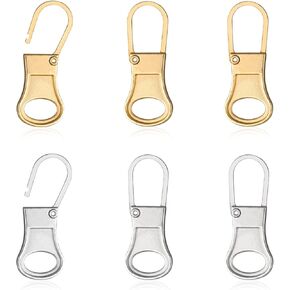 6pcs Zipper Pull Replacement, Detachable Zipper Tab Zipper Pullers Repair Handle Metal Pull Cord Extender Zipper Head Mend Fixer for Clothing Backpack Jackets Pants Boots Luggage (Silver, Gold)
