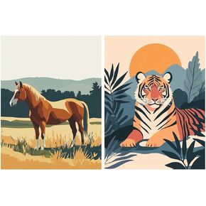 Ginfonr Framed Paint by Numbers Kit for Adults, Tiger Acrylic Paint by Numbers on Canvas, Horses Oil Painting for Beginner with Brushes, Adults Paint-by-Number Kits for Home Wall Decor (2PCS 8x12inch)