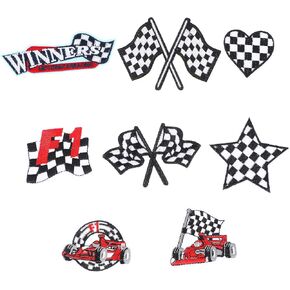 8Pcs Racing Patches Checkered Racing Flag Patches Trucker F1 Appliques Car Racing Motorcycle Embroidery Sewing Iron on Patches for Bags Hat Jacket