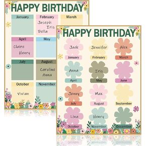 2PCS Happy Birthday Chart Poster plant Birthday Calender Spring Bulletin Board Decor for Classroom Flower Theme Birthday Chart for Kindergarten Preschool Back To School Supplies Wall Door Decor