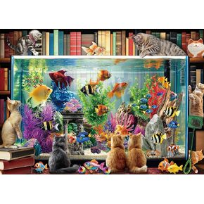 Funny Cat Jigsaw Puzzle 1000 Piece for Adult, Art Books Colorful Fish Jigsaw Puzzles, Vintage Bookshelf Difficult Aesthetic Puzzle