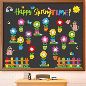 Janlaugh 48 Pcs Spring Bulletin Board Decorations Set Happy Spring Time Colorful Flower Clock Butterfly Fence Flower Bulletin Board for Classroom Chalkboard Wall Decor