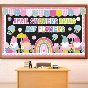 Spring Bulletin Board April Showers Bring May Flowers Decorations Umbrella Clouds Floral Cutouts for Classroom School Home Nursery Chalkboard Door Wall Decor Supplies