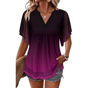 onlypuff Womens Double Layered Tunic Tops Half Sleeve Floral Double Layered Sheer Flowy Blouse Round/V Neck Casual Shirts