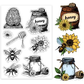 PH PandaHall Honey Bee Clear Stamp for Card Making, Honeycomb Sunflower Daisy Silicone Stamp Canned Honey Transparent Rubber Stamp for Honey Bottles Decoration, Journal, Scrapbooking, Gift Tags