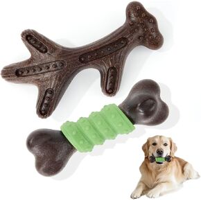 Gardner Pet 2-Pack Dog Chew Toys for Aggressive Chewers, Added Shredded Coconut Durable Nylon + TPR Interactive Dog Toys, Teething Toy for Medium/Large Breed, Bacon Flavor (Antlers+Bone L)