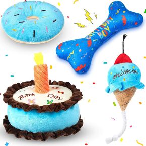 4 Pcs Dog Birthday Toys Set Plush Squeaky Dog Birthday Gift Stuffed Chew Toys for Small Medium Large Pet