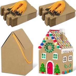 80UncleKimby 50Pcs Christmas Gingerbread House Kit Houses-Shaped Box Xmas Gift Cookie Boxes with Ropes DIY Crafts for Party Supplies Decor
