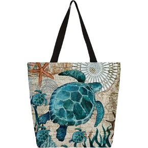 Ocean Turtle Canvas Tote Bags Women Large Casual Shoulder Bag Handbag, Reusable Sea Turtle Shopping Bags Multipurpose Grocery Bag for Outdoors