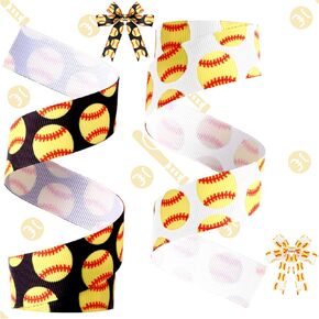2 Rolls 10 Yards 7/8 Inches Wide Basketball Softball Ribbon for Crafts Basketball Softball Grosgrain Ribbon for Cheer Bows Team Uniform Sewing and More (Softball Pattern)