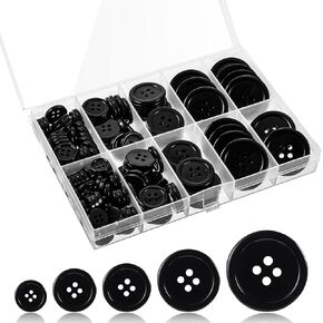 160Pcs Resin Black Buttons, 4-Hole Round Sewing Buttons, 5 Sizes of Craft Round Buttons with Storage Box Large Mixed Buttons for DIY Crafts Scrapbooking Clothes Sewing Buttons Decoration(Black)